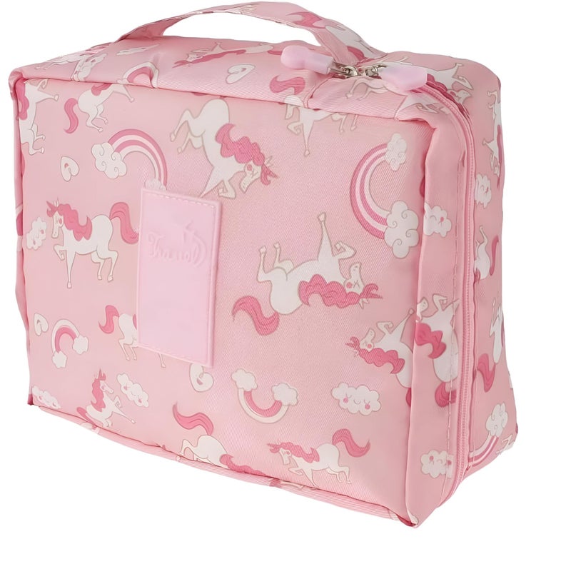 Cosmetics Organiser - Large travel-ready makeup case with adorable unicorn design in pink, ideal for women and girls, featuring durable fabric and smart compartment layout for all beauty essentials.
