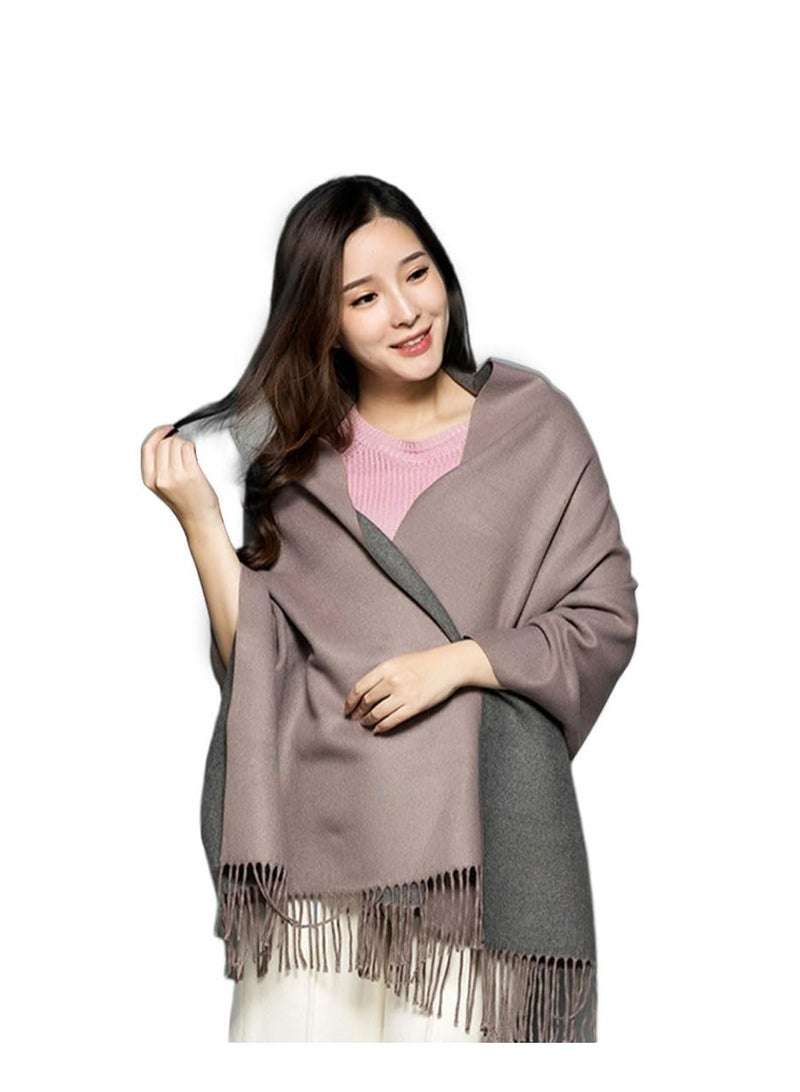 CMGTYYD Cashmere Feel Scarfs for Women, Lady Wool Scarf, Winter Thicken Oversized Pashmina Large Warm Shawls Wraps, 2 Tone Solid Color for Evening Dress Wedding Bridesmaid Gift, (Khaki+Gray, 78"x25") - Image 1