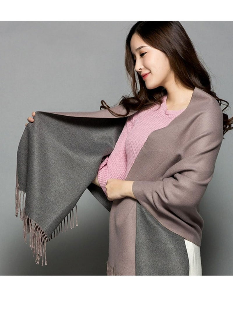 CMGTYYD Cashmere Feel Scarfs for Women, Lady Wool Scarf, Winter Thicken Oversized Pashmina Large Warm Shawls Wraps, 2 Tone Solid Color for Evening Dress Wedding Bridesmaid Gift, (Khaki+Gray, 78"x25") - Image 2