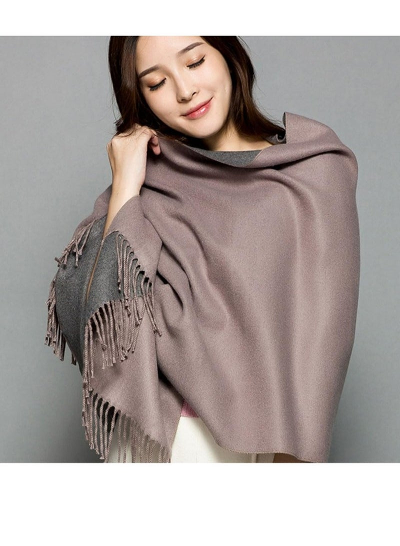 CMGTYYD Cashmere Feel Scarfs for Women, Lady Wool Scarf, Winter Thicken Oversized Pashmina Large Warm Shawls Wraps, 2 Tone Solid Color for Evening Dress Wedding Bridesmaid Gift, (Khaki+Gray, 78"x25") - Image 3