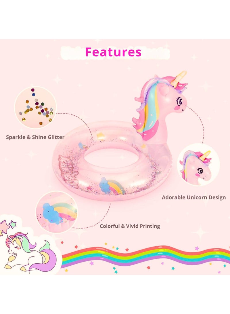 VIO Inflatable Swimming Ring Thick PVC Swimming Ring Unicorn Glitter Water Pool Ring Swimming Pool Floatie for Children Water Sports Swimming Rings for Summer Beach Party Pool Party Accessories Buoy Float Swim Seat Swimming Aid Beach Toy for Kids Girls Outer Ring Size 70 CM and Inner Ring Size 25 CM - Image 5