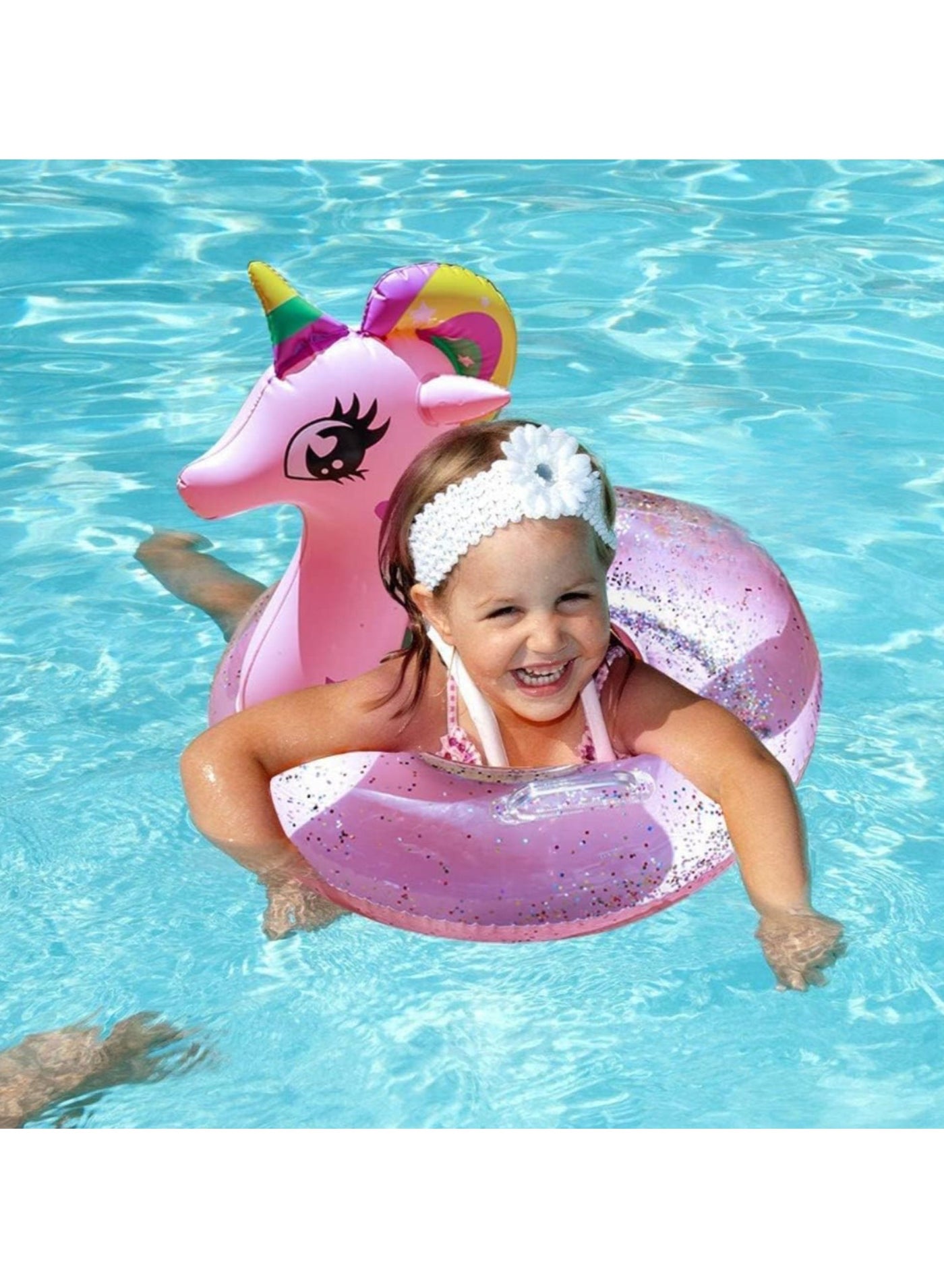 Inflatable Swimming Ring Thick PVC Swimming Ring Unicorn Glitter Water Pool Ring Swimming Pool Floatie for Children Water Sports Swimming Rings for Summer Beach Party Pool Party Accessories Buoy Float Swim Seat Swimming Aid Beach Toy for Kids Girls Outer Ring Size 70 CM and Inner Ring Size 25 CM