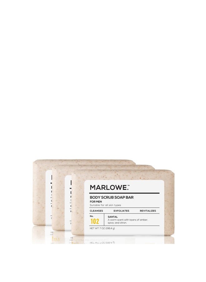 MARLOWE. M BLEND No. 102 Men's Body Scrub Soap 7 oz (3 Bars) Warm Santal Scent, Best Exfoliating Bar for Men, Made with Natural Ingredients, Apricot Seed Powder, Shea Butter, Olive Oil, Green Tea Extracts  - Image 1