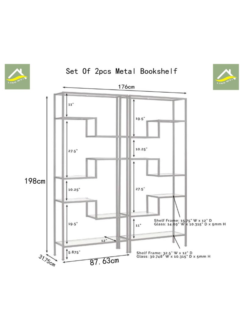 LINGWEI - Display Bookshelf with Metal Frame and Tempered Glass Shelves 8 Tier Modern Storage Bookshelf for Living Room Home Office Bedroom Bathroom - Image 1