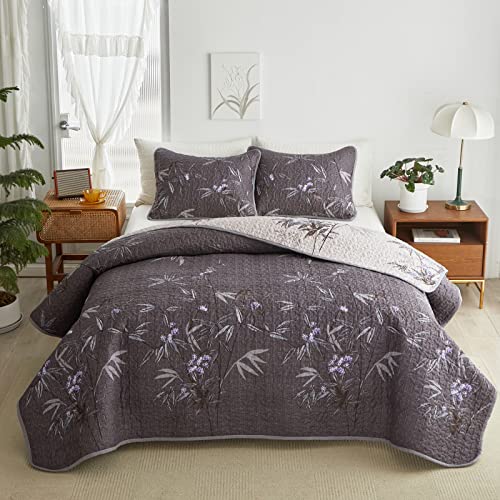 Flysheep Quilt Set 3 Pieces FullQueen Size Black Leaves Botanical Design Reversible Bedspread Coverlet Set Soft Microfiber Lightweight Bed Cover for All Season 90 x 90 1 Quilt 2 Pillow Shams - Image 1