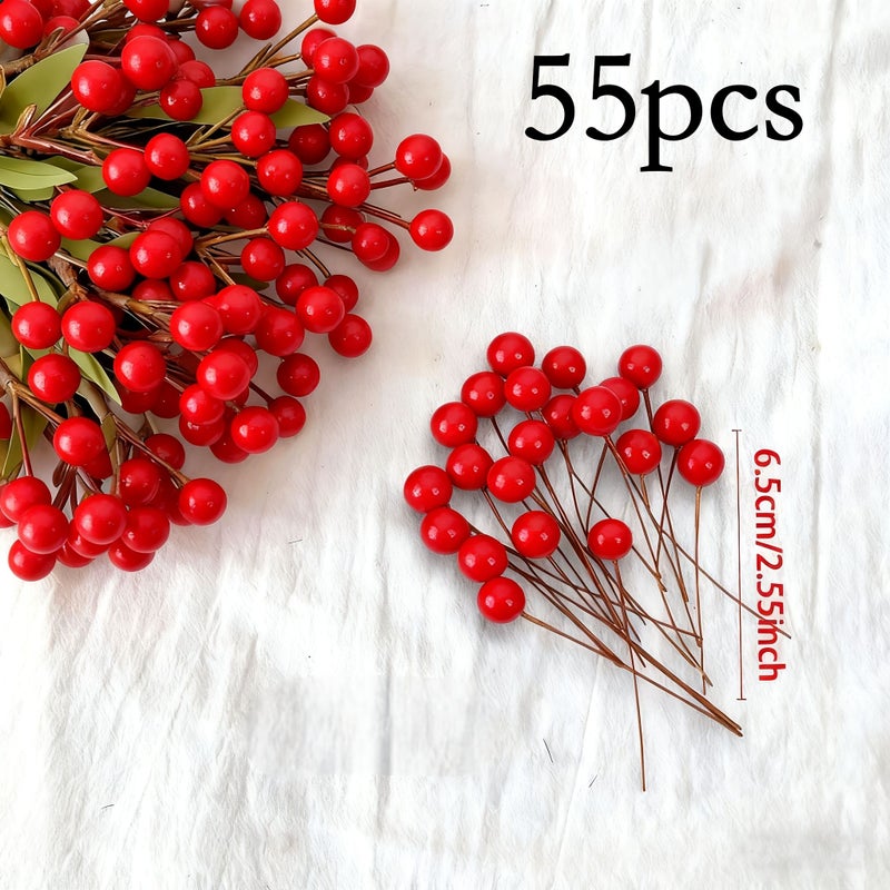 55 Realistic Red Holly Berries 55pcs Maintenance Free Hanging Decor with Wire Stems - Image 1