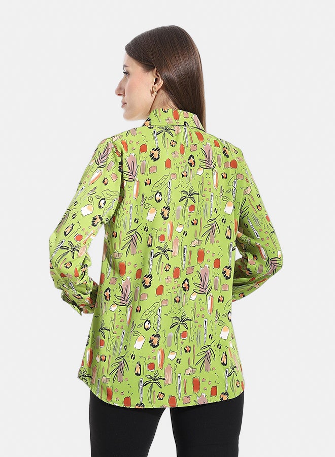 Andora Turned Down Collar Long Sleeves Blouse  _ Green - Image 4