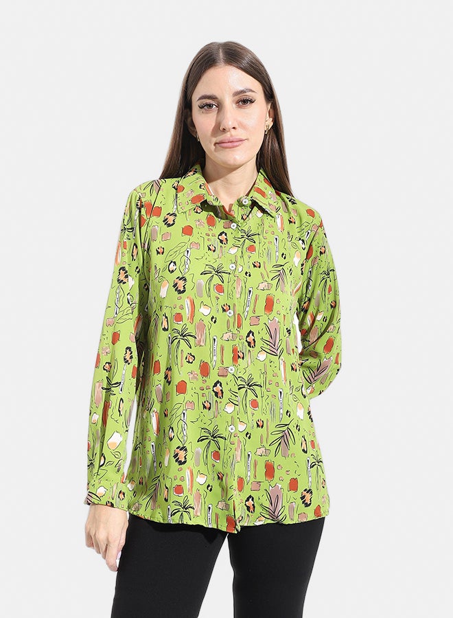 Andora Turned Down Collar Long Sleeves Blouse  _ Green - Image 1