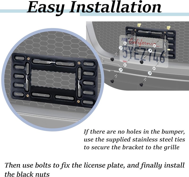 ecocstm License Plate Bracket Holder, License Plate Holder, Front License Plate Bracket, Universal Bumper Car Frame Mount Adapter with Stainless Steel Screw Cap, Cable Ties Care processed raw material - Image 3