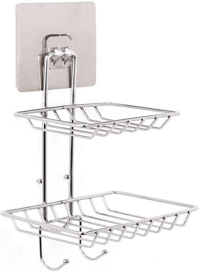 SEMITO Self Adhesive Double Layer Stainless Steel Soap Dish with Hook for Bathroom Kitchen Sink and Wash Basin Silver Pack of 1 - Image 1