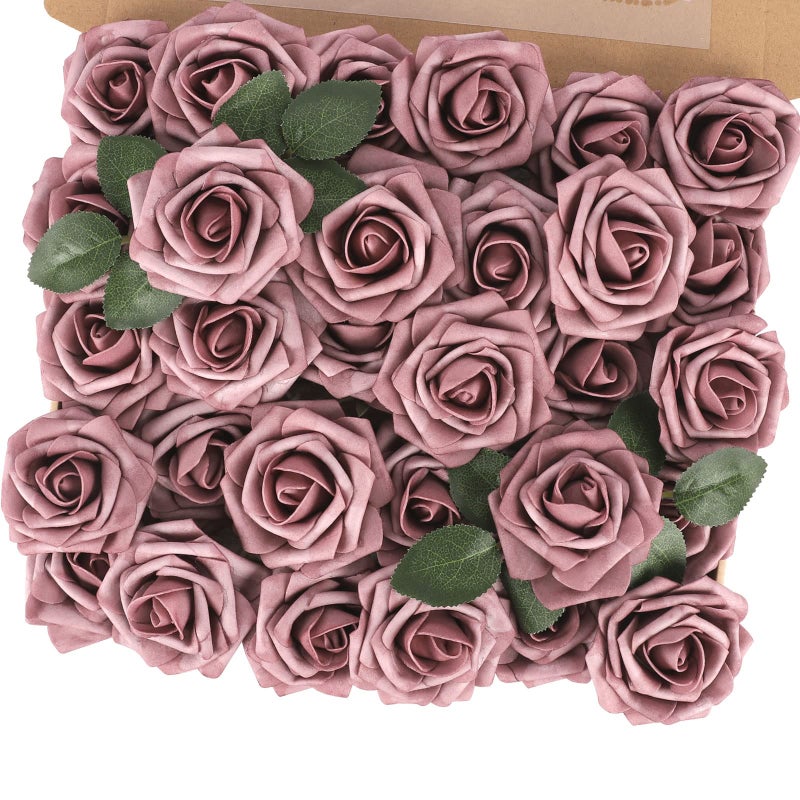 MACTING Artificial Rose Flowers  30pcs Real Touch Fake Flowers with Stems  Foam Roses for Wedding Party Bouquets Centerpieces Baby Shower Home Decorations (Dusty Purple Pink) - Image 1