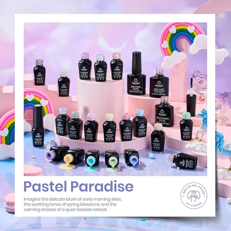 beetles Gel Polish Set - 23Pcs Macaroon Color Gel Nail Kit with Glossy Matte Top Coat Base Coat Yellow Pink White Purple Blue Glitter Bright Uv Nails Paradise Pastel Gel Christmas Gifts for Women Global flexible assemble picks - Image 3