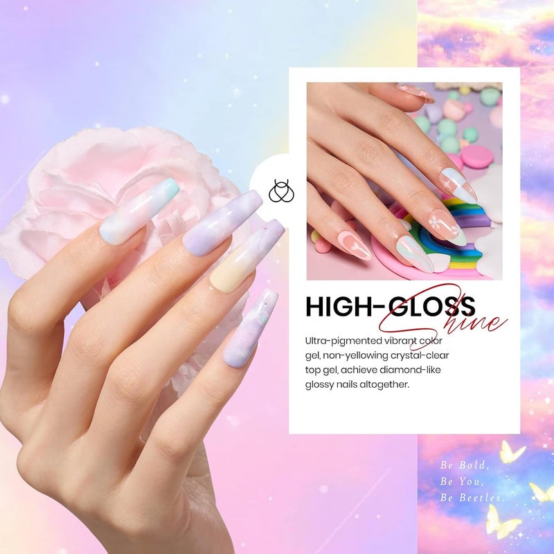 beetles Gel Polish Set - 23Pcs Macaroon Color Gel Nail Kit with Glossy Matte Top Coat Base Coat Yellow Pink White Purple Blue Glitter Bright Uv Nails Paradise Pastel Gel Christmas Gifts for Women Global flexible assemble picks - Image 4