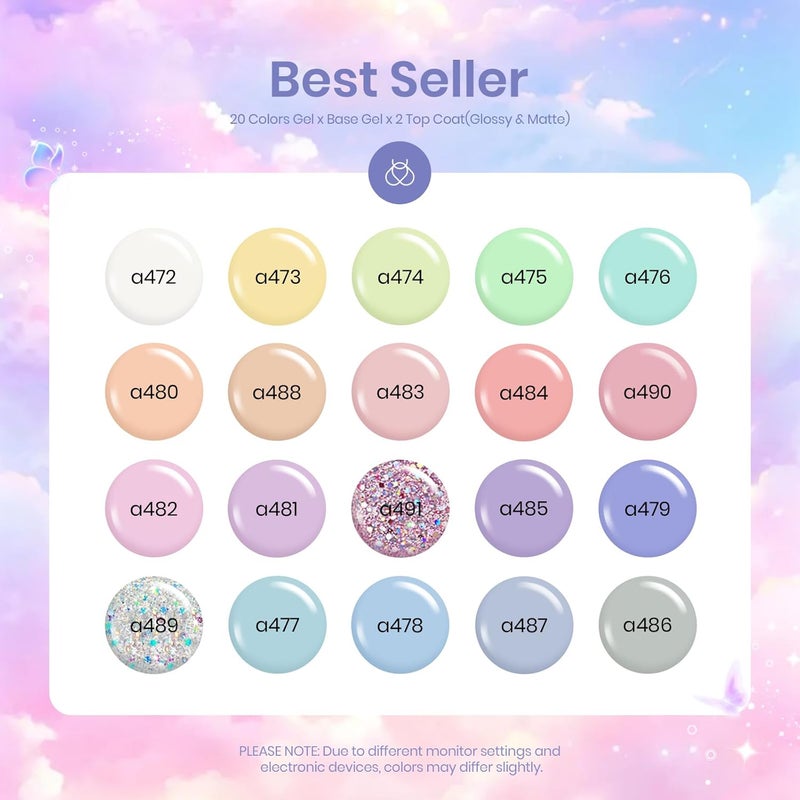 beetles Gel Polish Set - 23Pcs Macaroon Color Gel Nail Kit with Glossy Matte Top Coat Base Coat Yellow Pink White Purple Blue Glitter Bright Uv Nails Paradise Pastel Gel Christmas Gifts for Women Global flexible assemble picks - Image 2
