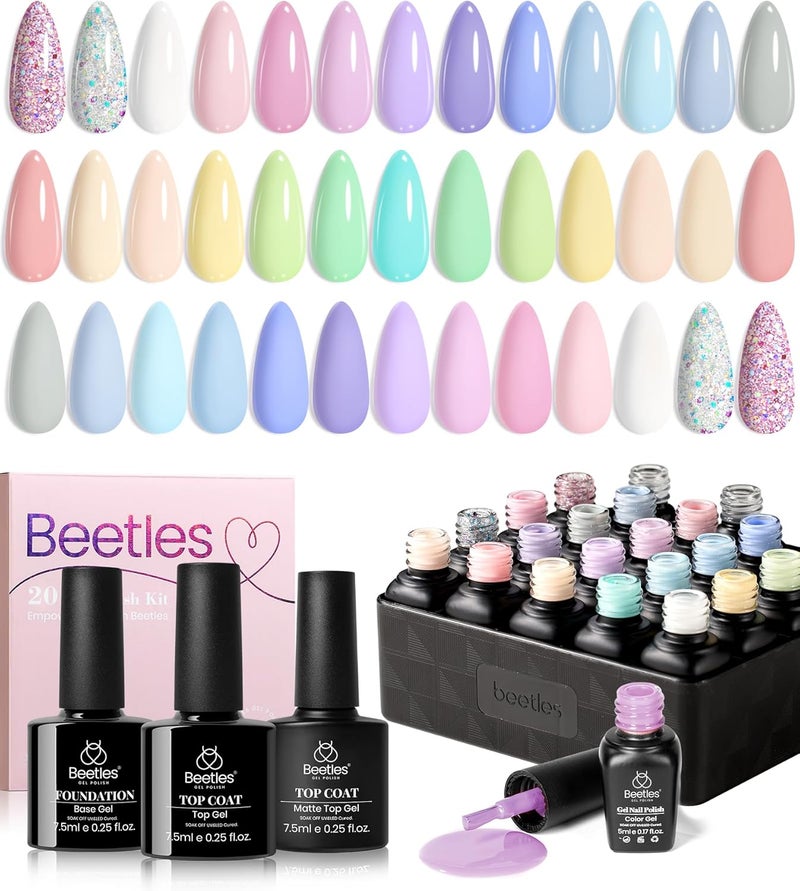 beetles Gel Polish Set - 23Pcs Macaroon Color Gel Nail Kit with Glossy Matte Top Coat Base Coat Yellow Pink White Purple Blue Glitter Bright Uv Nails Paradise Pastel Gel Christmas Gifts for Women Global flexible assemble picks - Image 1