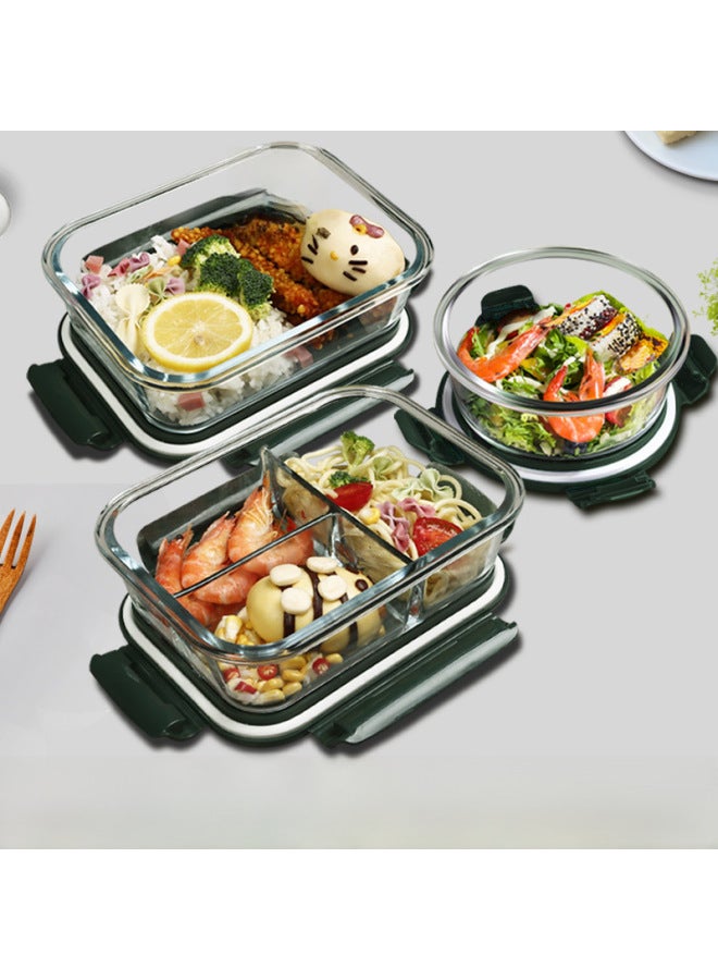 Glass Lunch Box Lunch Box Office Student Separated Microwave Heating Special Bowl Insulation Lunch Box Fresh-keeping Box-Specifications:Dark Green Medium Length 2 Partition Fresh-keeping Box  - Image 2