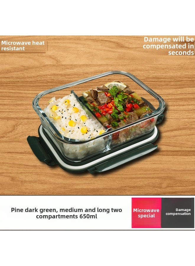 Glass Lunch Box Lunch Box Office Student Separated Microwave Heating Special Bowl Insulation Lunch Box Fresh-keeping Box-Specifications:Dark Green Medium Length 2 Partition Fresh-keeping Box  - Image 1