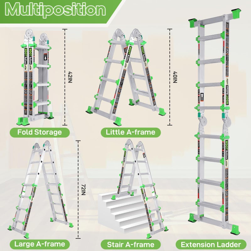 WDOT Ladder, Extension Ladders for Home Stairs 14 Ft, 4 Step Multi Position A Frame Ladder with Stabilizer Bar, Compact Folding, 330 lbs Telescopic Aluminum Adjustable Ladders, Escaleras para Casa - Image 4