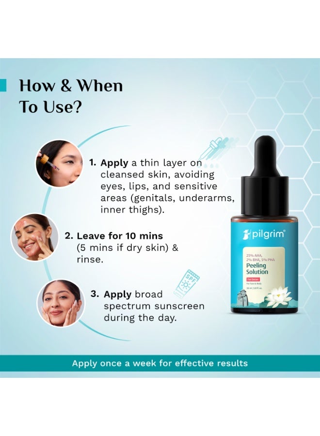 Pilgrim 25% AHA + 2% BHA + 5% PHA Peeling Solution 30ml For Face & Body |10-Minute Facial At Home|Gentle Exfoliating Serum for Tan Removal |For Glowing Skin Even Skin Tone, Pore Cleansing| Unisex - Image 5