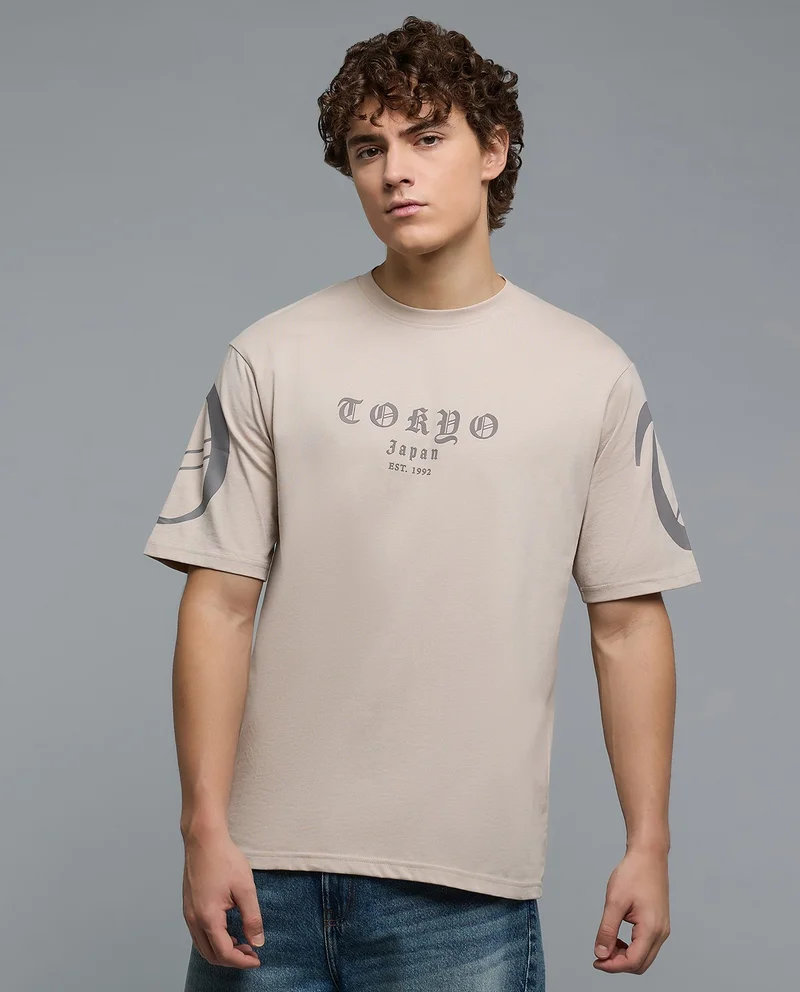 أر أند بي Printed T-Shirt with Crew Neck and Short Sleeves