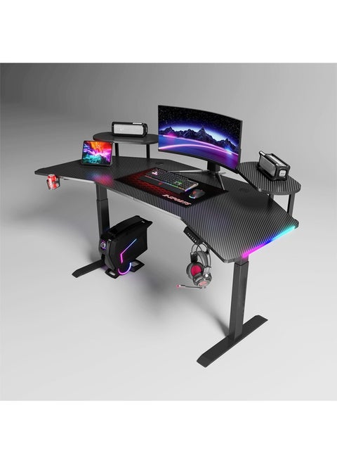 مكتب ألعاب متعدد الوظائف بارتفاع قابل للتعديل مع أضواء LED RGB، جهاز تحكم عن بعد لاسلكي، حامل مقبض، حامل أكواب، مقبس USB وخطاف سماعة رأس 160 سم
