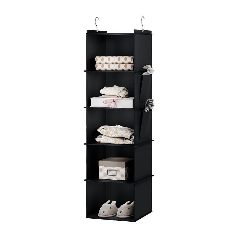 YOUDENOVA Hanging Storage 5 Shelves Closet Organizers and Storage Foldable Hanging Shelves with Side Pockets Wardrobe Storage Organizer for Clothes Black