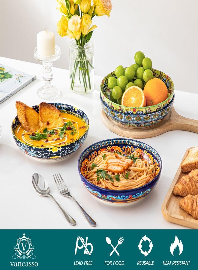 vancasso Pasta Bowls Set of 4, Ceramic Salad Serving Bowls, 42Oz Large Pasta Bowls, 8.7 in Colorful Bowl Plates for Soup, Bohemian Shallow Bowls for Kitchen, Microwave & Dishwasher Safe - Image 4