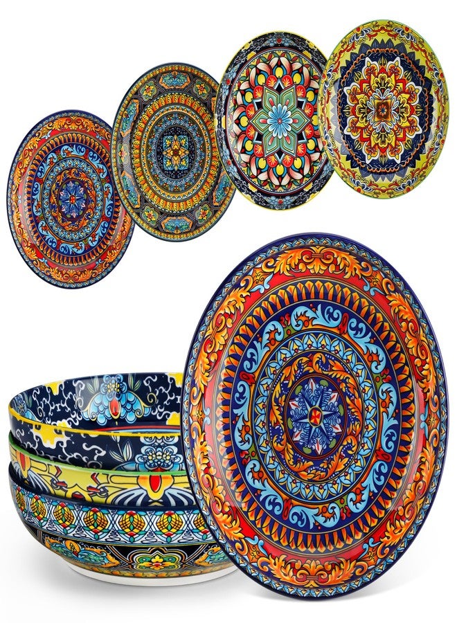 vancasso Pasta Bowls Set of 4, Ceramic Salad Serving Bowls, 42Oz Large Pasta Bowls, 8.7 in Colorful Bowl Plates for Soup, Bohemian Shallow Bowls for Kitchen, Microwave & Dishwasher Safe - Image 1