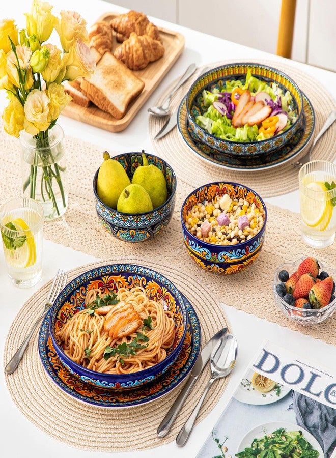 vancasso Pasta Bowls Set of 4, Ceramic Salad Serving Bowls, 42Oz Large Pasta Bowls, 8.7 in Colorful Bowl Plates for Soup, Bohemian Shallow Bowls for Kitchen, Microwave & Dishwasher Safe - Image 5
