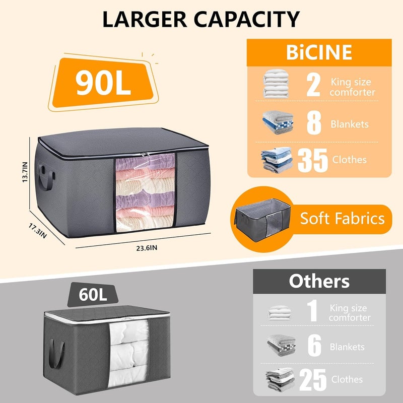 BiCINE 90L Large Blanket Storage Bags, 6 Pack Clothes Storage Bag Comforter Storage Bin with Reinforced Handle and Lid Foldable Closet Organizer and Storage Containers for Bedding Sheets and Duvet - Image 2