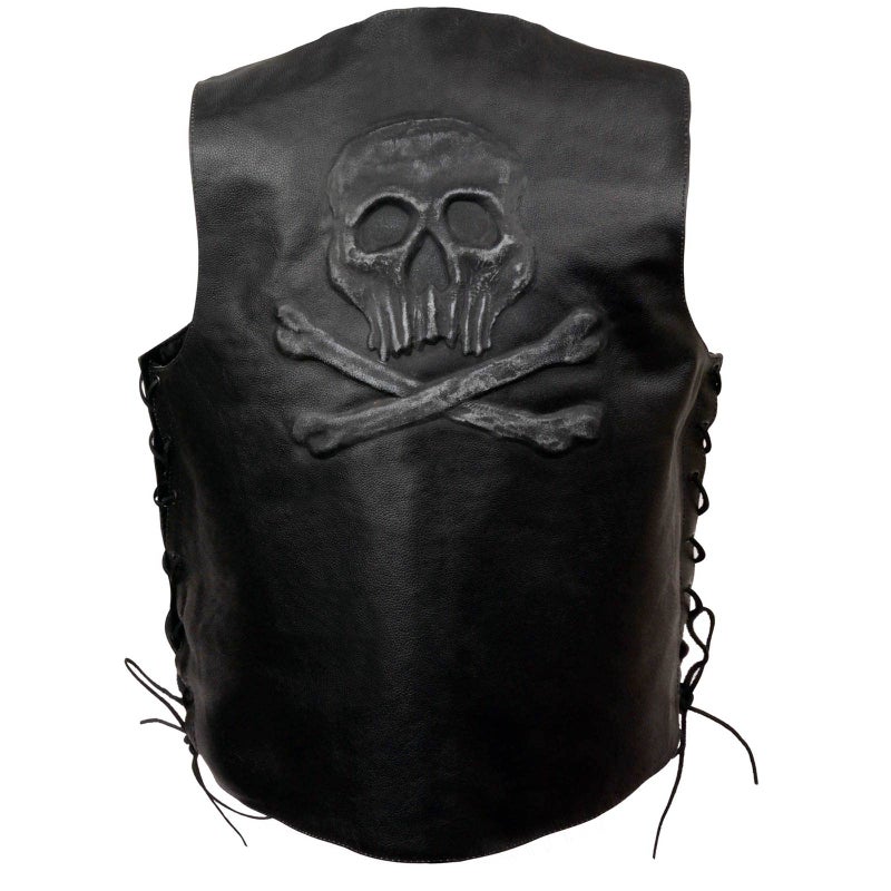 EVENT LEATHER ELM3915 Mens Black Side Lace Motorcycle Leather Vest with Skull and Cross Bones Emboss 5XLarge - Image 2