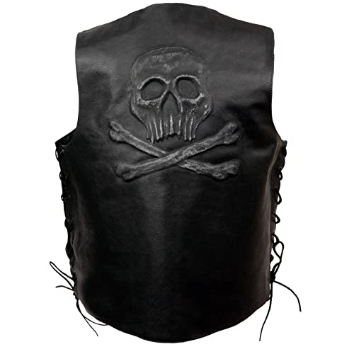 EVENT LEATHER ELM3915 Mens Black Side Lace Motorcycle Leather Vest with Skull and Cross Bones Emboss 5XLarge - Image 1