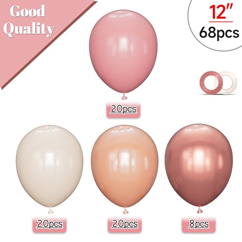 KUULBELA 68 Pcs Retro Pink Nude Party Balloons 12Inch Dusty Pink Metallic Rose Gold Balloon Beige Blush Latex Ballons for Girls Birthday Wedding Baby Shower Party Decorations - Image 5