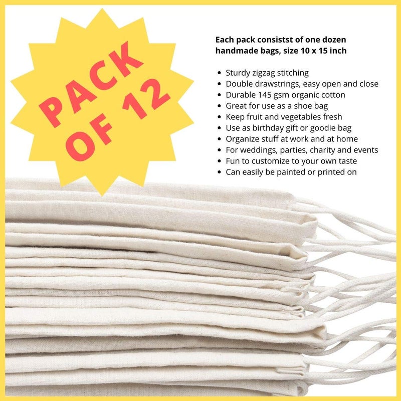 DR 100 Percent Cotton 10x15 Muslin Drawstring Bags for Clothes Storage Pantry (10 x 15 inch - 12 pack, Beige) - Image 3