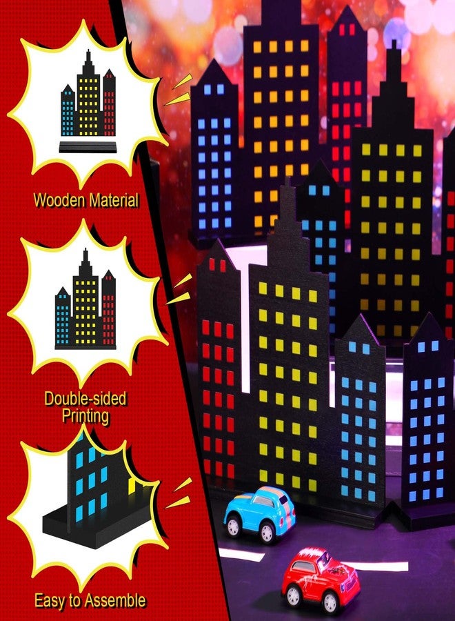 فيسينبال زينة حفلات ناطحة سحاب خشبية من Vicenpal، مكونة من 6 قطع، لتزيين طاولة ناطحة سحاب بموضوع البطل، لافتة مركزية لمباني أفق المدينة، لمستلزمات حفلات أعياد الميلاد المصورة بموضوع البطل - Image 3