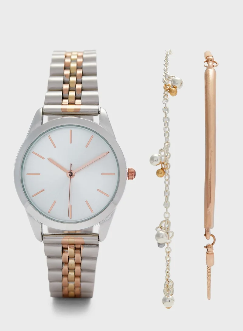 ELLA Tri Tone Watch and Bracelet Gift Set