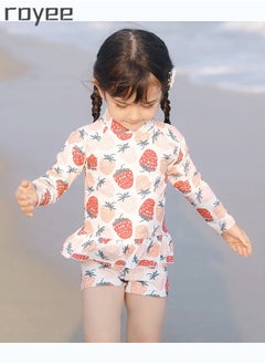 Royee 3-Piece Girls Split Long Sleeved Swimsuit With Swim Cap Cartoon Strawberry Print Fit for Toddler/Junior/Youth Aged 2-12 Years boys， 0 formaldehyde, 0 bleach, and 0 fluorescent agent  - Image 3