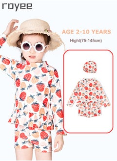 Royee 3-Piece Girls Split Long Sleeved Swimsuit With Swim Cap Cartoon Strawberry Print Fit for Toddler/Junior/Youth Aged 2-12 Years boys， 0 formaldehyde, 0 bleach, and 0 fluorescent agent  - Image 1