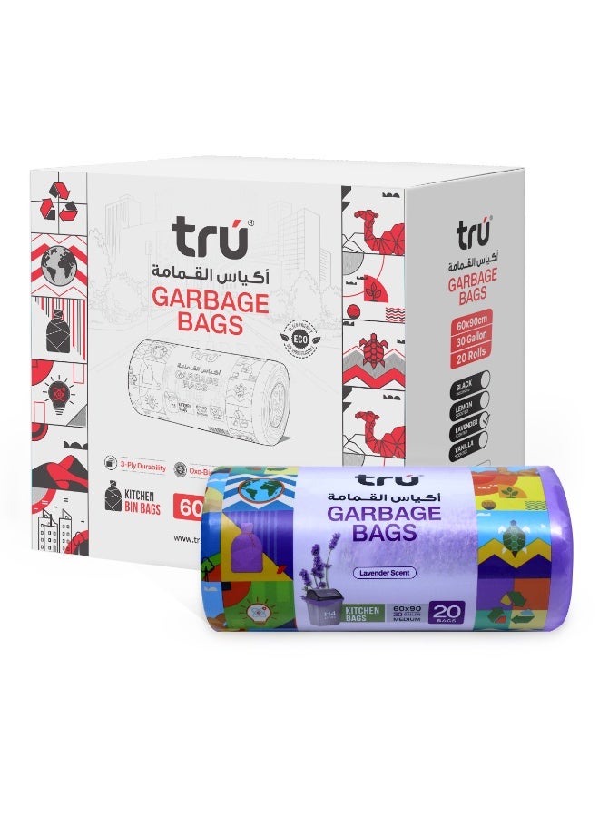 tru® Lavender Fragrance Garbage Bags 60x90cm 30 Gallon 20pc x 20 Rolls (400bags) - Image 1