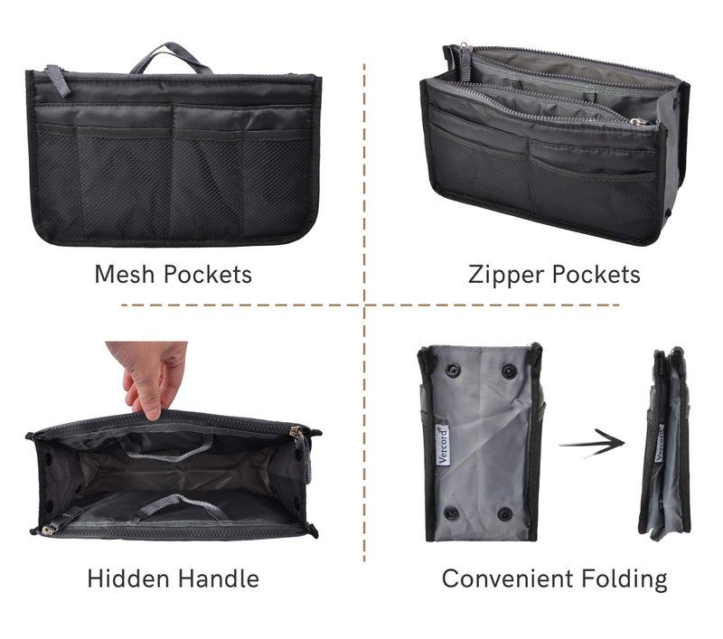 Vercord Purse Organizer Insert for Handbags Bag Organizers Inside Tote Pocketbook Women Nurse Nylon 13 Pockets Black Large - Image 4