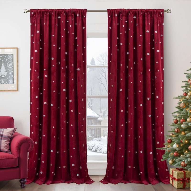 BGment Christmas Red Velvet Curtains 84 Inches Length, Luxury Thermal Insulated Blackout Curtains Back Tab and Rod Pocket Snow Silver Printed Panels for Living Room, Set of 2 Panels, 52 x 84 Inch - Image 2