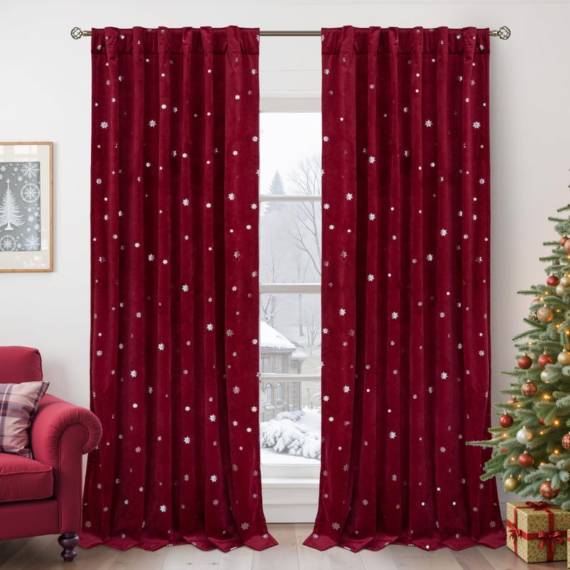 BGment Christmas Red Velvet Curtains 84 Inches Length, Luxury Thermal Insulated Blackout Curtains Back Tab and Rod Pocket Snow Silver Printed Panels for Living Room, Set of 2 Panels, 52 x 84 Inch - Image 1