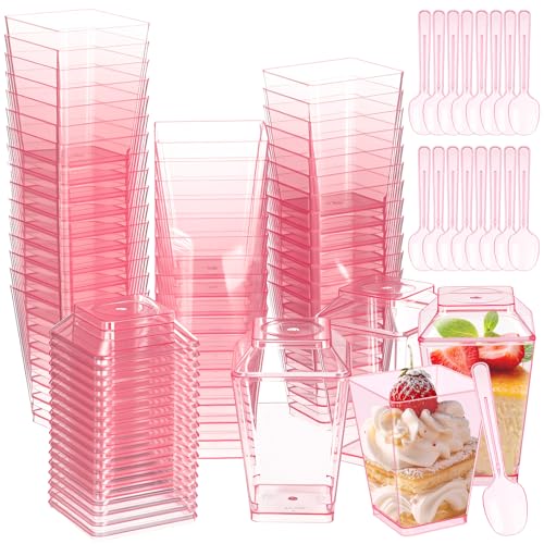 Mifoci 150 Pcs 5 oz Pink Plastic Dessert Cups with Lids and Spoons Valentine Mini Clear Reusable Yogurt Parfait Appetizer Cup for Wedding Baby Shower Party Picnic Dessert Fruit Pudding Ice Cream Cake - Image 1