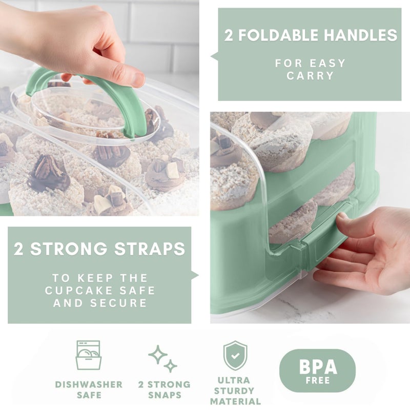 MosJos EXTRA TALL DOME 24 Cupcake Carrier, Green Cupcake Holder Carries 24 Cupcake Storage Container, Muffin Traveler Two Tier Stand Reusable Cupcake Box - Image 1