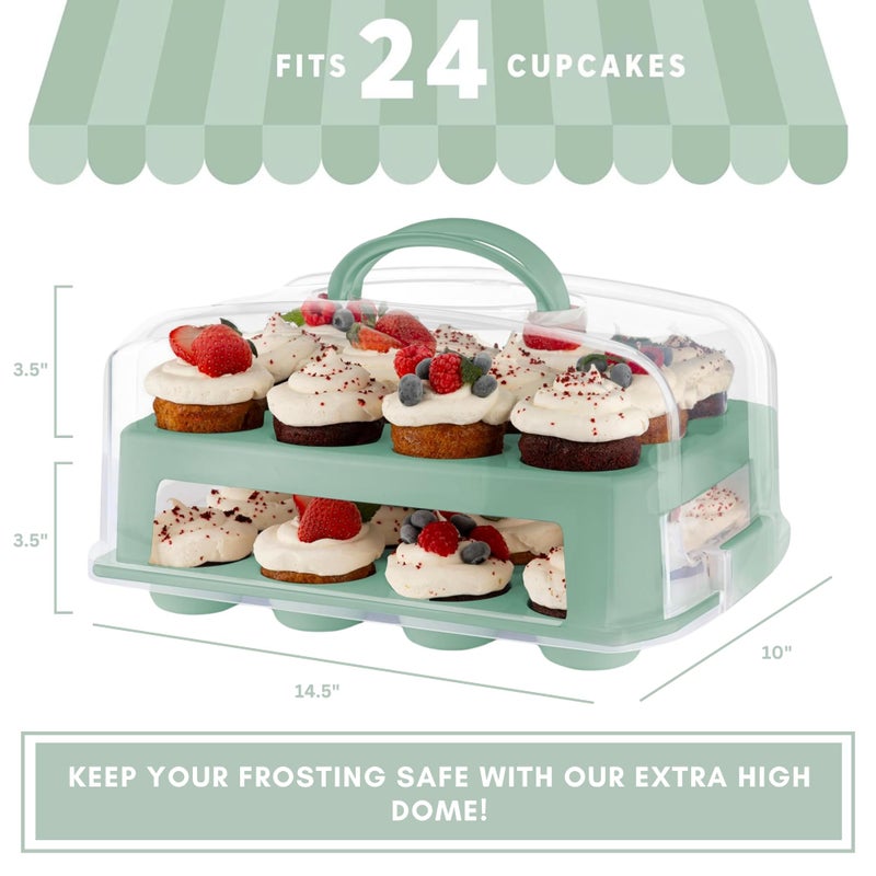 MosJos EXTRA TALL DOME 24 Cupcake Carrier, Green Cupcake Holder Carries 24 Cupcake Storage Container, Muffin Traveler Two Tier Stand Reusable Cupcake Box - Image 4