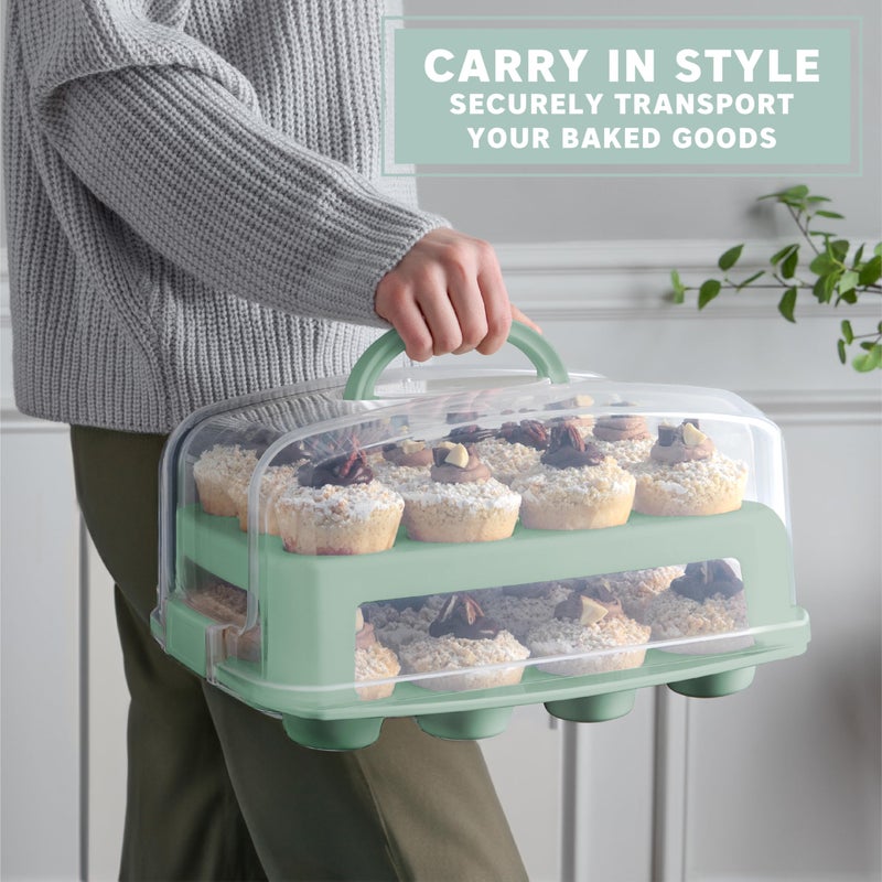MosJos EXTRA TALL DOME 24 Cupcake Carrier, Green Cupcake Holder Carries 24 Cupcake Storage Container, Muffin Traveler Two Tier Stand Reusable Cupcake Box - Image 5