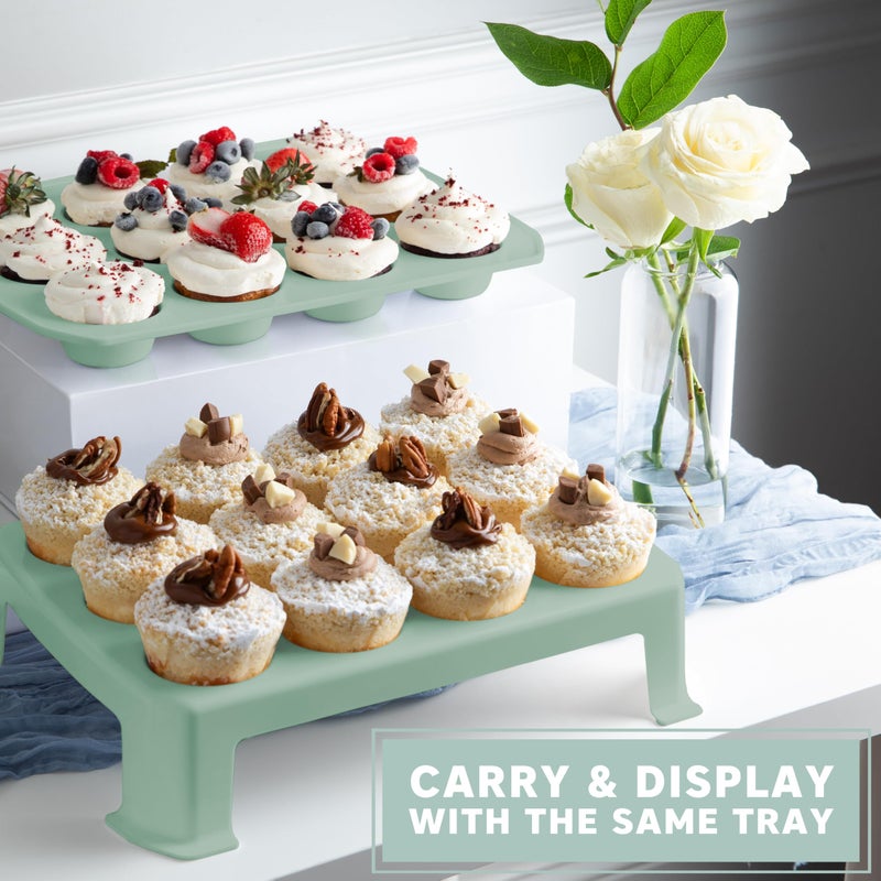 MosJos EXTRA TALL DOME 24 Cupcake Carrier, Green Cupcake Holder Carries 24 Cupcake Storage Container, Muffin Traveler Two Tier Stand Reusable Cupcake Box - Image 2