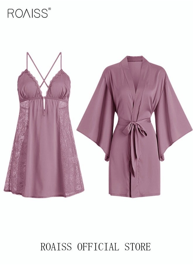 roaiss - 2 Piece Nightgown Set Women's Sweet Halter Nightdress Lace Lingerie Sleepwear Home Dress Set Romantic Elegant Pajamas Ladies Spring Autumn Robe Loungewear - Image 1