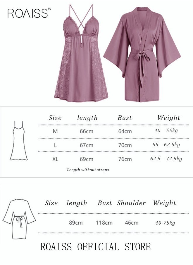 roaiss - 2 Piece Nightgown Set Women's Sweet Halter Nightdress Lace Lingerie Sleepwear Home Dress Set Romantic Elegant Pajamas Ladies Spring Autumn Robe Loungewear - Image 1