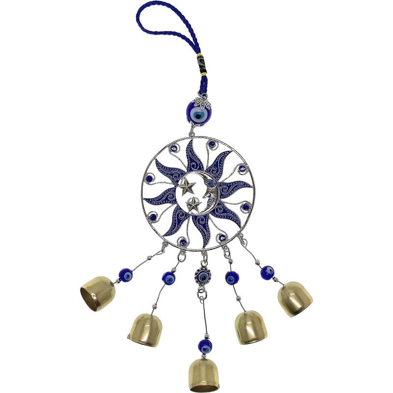LUCKBOOSTIUM Sun Moon Star Ornament with Hanging Evil Eye and Bell Protection Blessing Strength for Car Rear View Mirror Home Office Decor Evil Eye Charm Bell Car Mirror Hanging